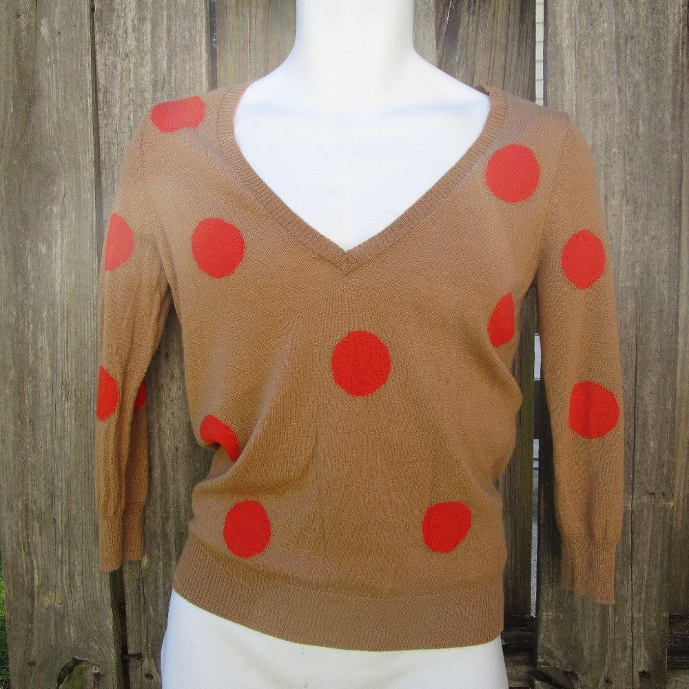 The Limited Sweater Small Tan Orange Polka Dot V Neck Long Sleeve Merino Wool
